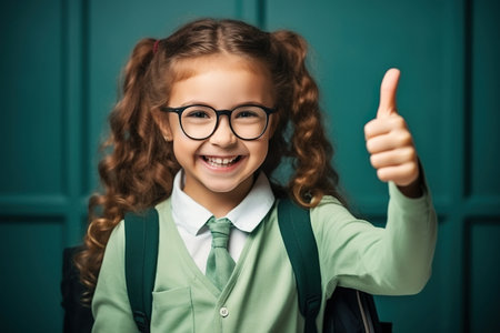 Happy smiling girl in glasses with thumb up is going to school for the first time. Child with school bag and book. Back to schoolの素材