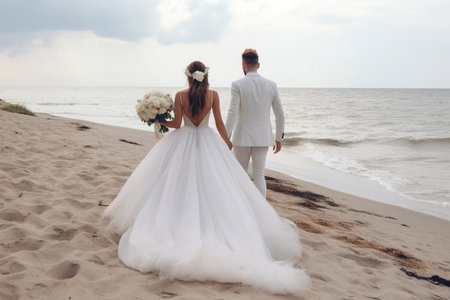 The bride and groom walk along the beach. Modern wedding on the beachの素材