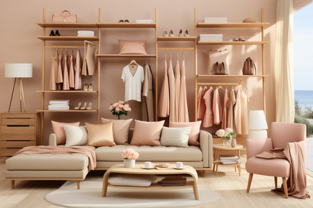 The scene is a woman's organized wardrobe, the epitome of minimalist fashion.の素材