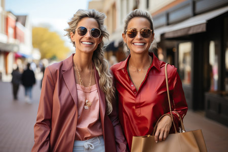 Two satisfied mature female friends with paper shopping bags outdoorsの素材