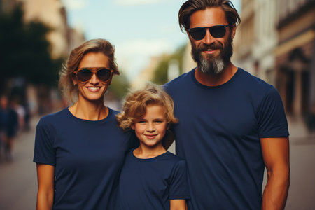 dad and mom and two kids wearing blank navy blue tshirtの素材