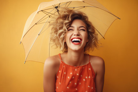 Girl with an umbrella laughing copy spaceの素材