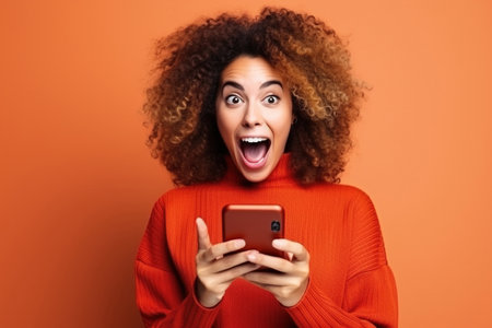 Young happy lucky woman student feeling excited winner looking at cellphone using mobile phone winning online, receiving great news or sms offer, getting new job celebrating achievementの素材