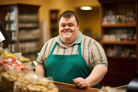 Shop worker with Down syndrome smiling at the cameraの素材
