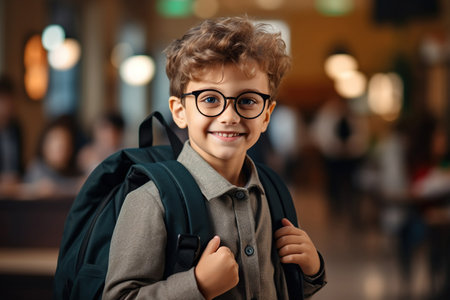 Happy smiling boy in glasses with thumb up is going to school for the first timeの素材