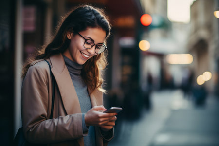 Happy woman looking at a message on her smartphoneの素材