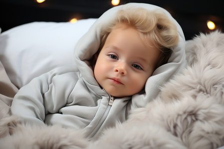 Infant baby lying on white bed holding feet'sの素材