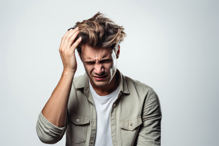 a young man with migraine headache holding his head having pain. isolated on white backgroundの素材