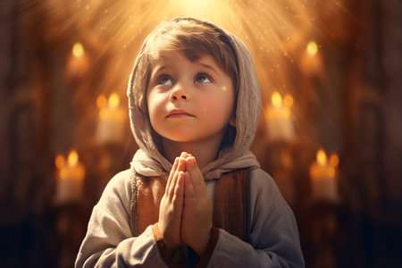 Cute small African American boy praying in the church and Jesus giving blessingの素材