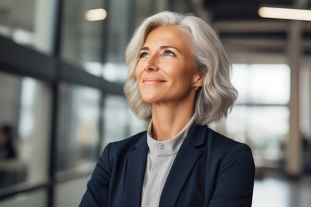 Happy proud prosperous mid aged mature professional business woman ceo executive wearing suit standing in office arms crossed looking away thinking of success, leadership, side profile viewの素材