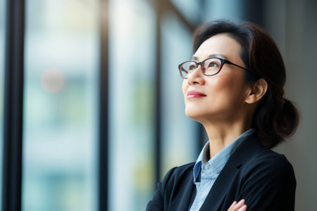 Happy proud prosperous mid aged mature professional Asian business woman ceo executive wearing suit standing in office arms crossed looking away thinking of success, leadership, side profile view.の素材