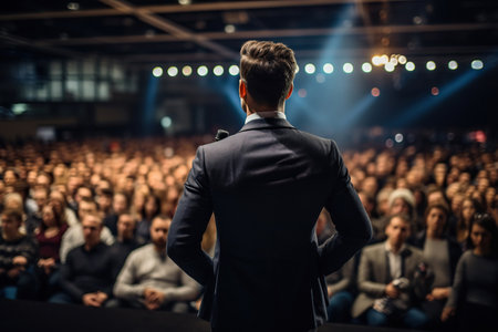 Back view of motivational speaker standing on stage in front of audience for motivation speech on conference or business eventの素材