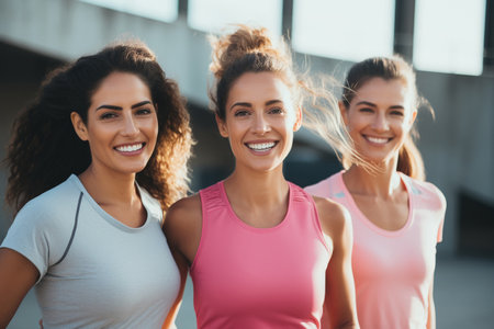 Living a fitness lifestyle Happy female athletes wearingの素材