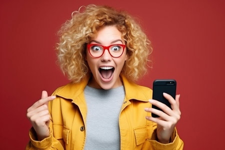 Young happy lucky woman student feeling excited winner looking at cellphone using mobile phone winning online, receiving great news or sms offer, getting new job celebrating achievementの素材