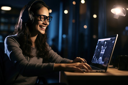 Late work. Happy female entrepreneur having a virtual business meeting at nightの素材