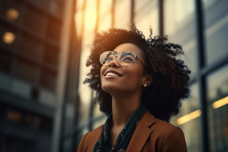 Happy wealthy rich successful black businesswoman standing in big city.の素材