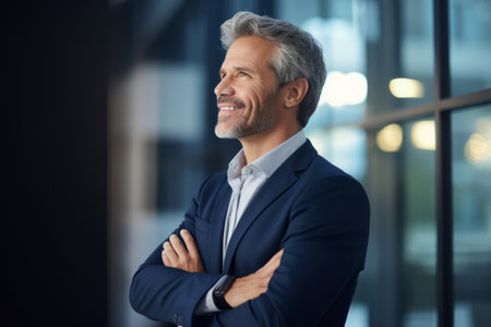 Happy proud prosperous mid aged mature professional business man ceo executive wearing suit standing in office arms crossed looking away thinking of success, leadership, side profile viewの素材