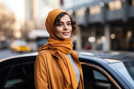 portrait of a Cheerful Middle Eastern woman with a Carの素材