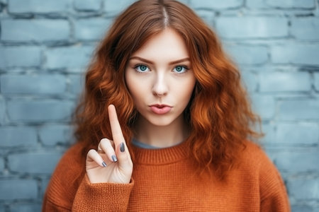 Hipster teen gen z redhead girl showing shh sign finger gesture asking to keep secret, be hush silent or privacy silence on urban wall background. Teenage problem secrecy concept. Close up portraitの素材