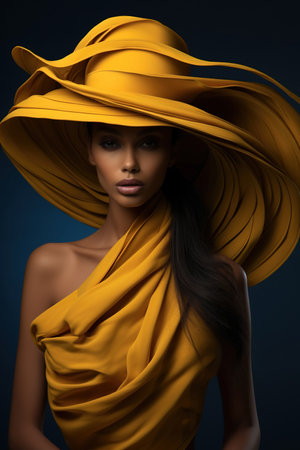 large Indian Yellow hat with an eye-catching large brim, a modern fashion design modelの素材