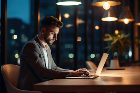 Late night marketing plan: Professional man typing on laptop in officeの素材