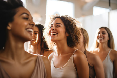 Group of female friends dancing in a studioの素材