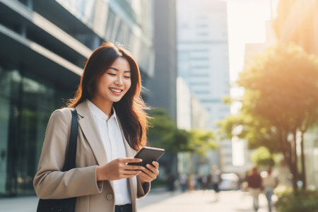 Young pretty Asian business woman office professional holding cellphone in hands standing on streetの素材