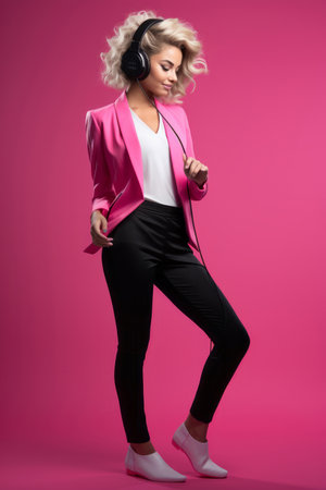 Commercial full body portrait dj chickee in a pink blazer and black matte fabric leggings listens to her musicの素材