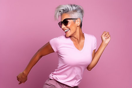 Middle age Latin woman in sports clothing doing some fun dance movesの素材