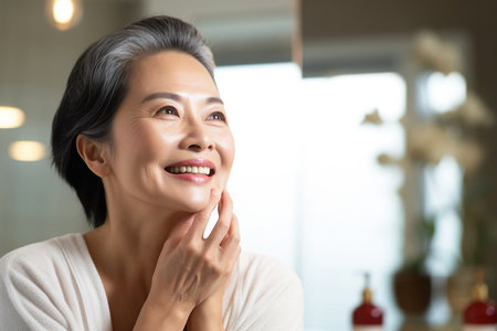 Headshot of gorgeous mid age adult 50 years old Asian woman standing in bathroom after shower touching face, looking at reflection in mirror doing morning beauty routine. Older skin care concept.の素材