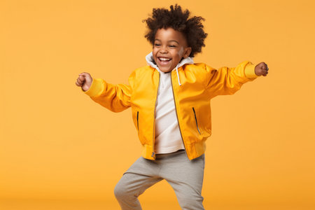 Pretty African American preschool boy in sports clothing doing some fun dance movesの素材