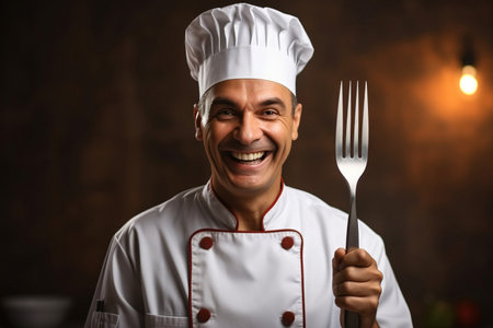 cheerful attractive chef beaming smile hand hold forkの素材