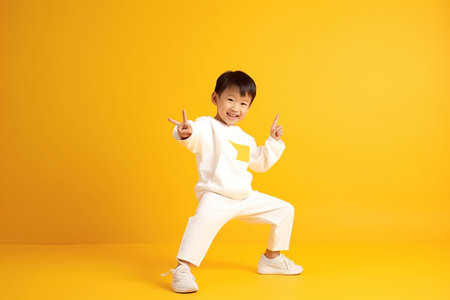 Pretty asian preschool boy in sports clothing doing some fun dance movesの素材