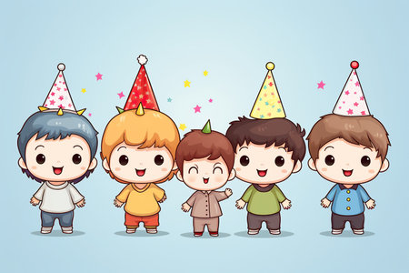 Cute babies wearing a colorful party hats for birthday surpriseの素材