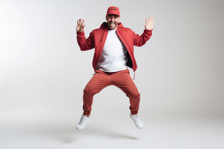 Man in sports clothing doing some fun dance movesの素材