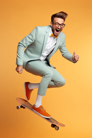 Young handsome funny man with glasses, brown hair and beard, wearing light gray suit and sneakers, jumping with the skateboard on color studio backgroundの素材