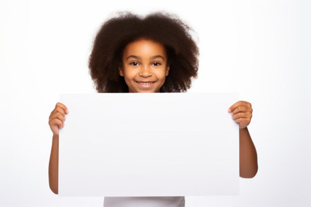 Happy black scholl girl holding blank white banner sign, isolated studio portraitの素材