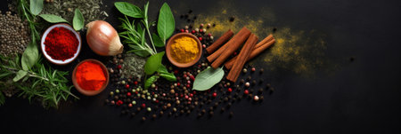 Herbs and spices for cooking on dark backgroundの素材