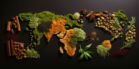 Spices and herbs around the world in the shape of a world map on a dark background. top view. creative photo bannerの素材