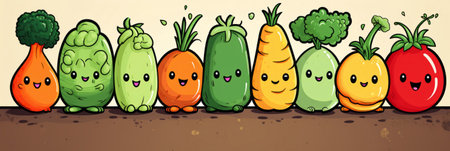Happy healthy vegetables in a row Cartoon vegetable charactersの素材