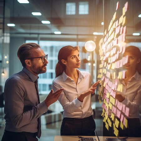 Creative people, thinking and meeting for schedule planning, brainstorming or team strategy at the office. Man and woman in teamwork decision for project plan, tasks or sticky note ideas in startupの素材