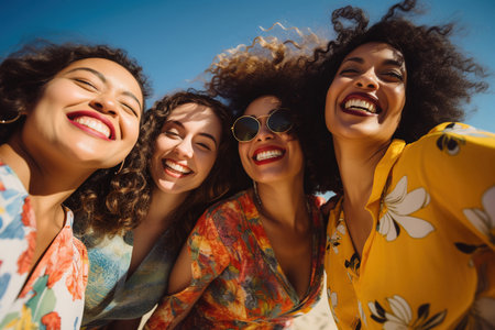 four women pose in a beach, in the style of bold curves, low-angle, joyful and optimistic, multicultural, close upの素材