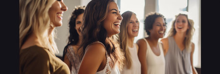Group of female friends dancing in a studioの素材