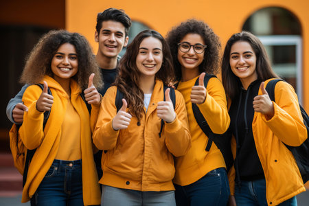 Education concept. Happy team of students showing thumbs up over on yellow backgroundの素材