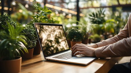 Young man using laptop computer with blank empty mockup screen. Business man working at home. Freelance, student lifestyle, e-learning, shopping online, website, technology conceptの素材