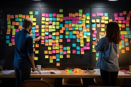 Creative people, thinking and meeting for schedule planning, brainstorming or team strategy at the office. Man and woman in teamwork decision for project plan, tasks or sticky note ideas in startupの素材