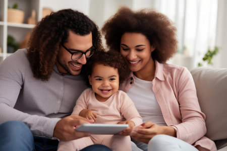 Happy young multiethnic family couple holding cute infantの素材