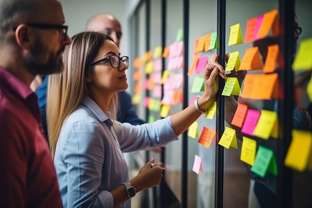Creative people, thinking and meeting for schedule planning, brainstorming or team strategy at the office. Man and woman in teamwork decision for project plan, tasks or sticky note ideas in startupの素材