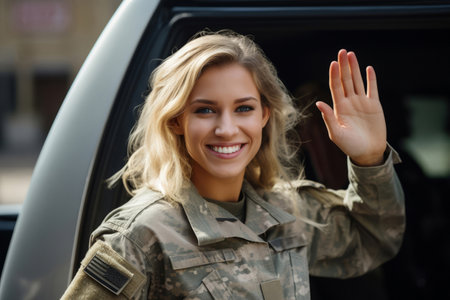Happy servicewoman waving her hand on her homecomingの素材