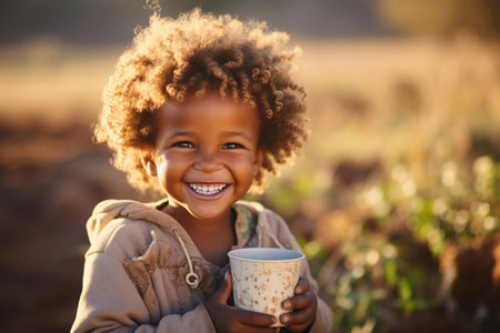 Drought, lack of water problem. Laughing child in Africa close-up with mug of waterの素材